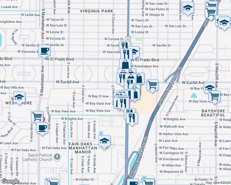 map of restaurants, bars, coffee shops, grocery stores, and more near 3906 South Church Avenue in Tampa