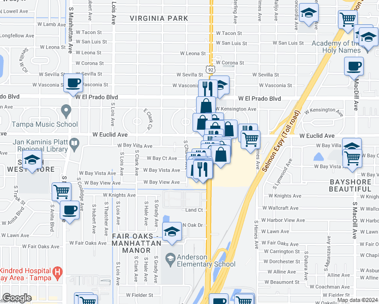 map of restaurants, bars, coffee shops, grocery stores, and more near 3906 South Church Avenue in Tampa