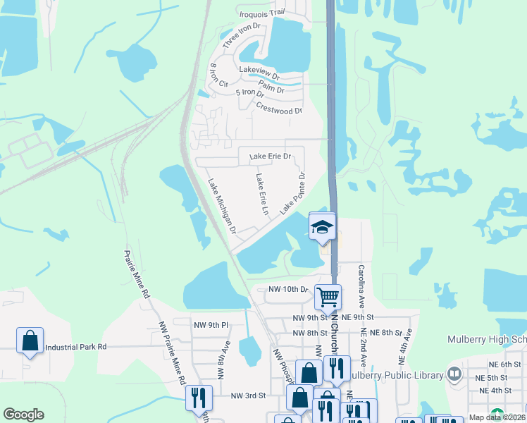 map of restaurants, bars, coffee shops, grocery stores, and more near 389 Lake Erie Lane in Mulberry