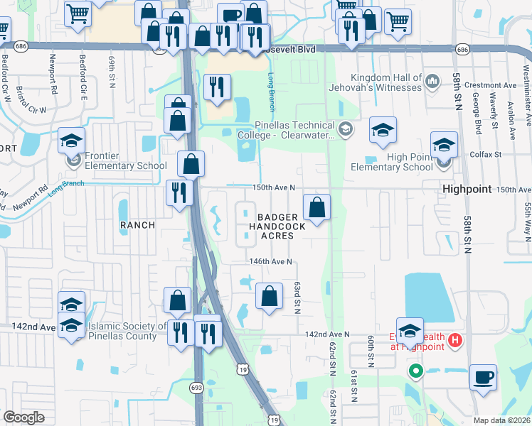 map of restaurants, bars, coffee shops, grocery stores, and more near 14860 64th Street North in Clearwater