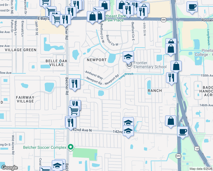 map of restaurants, bars, coffee shops, grocery stores, and more near 14957 Newport Road in Clearwater