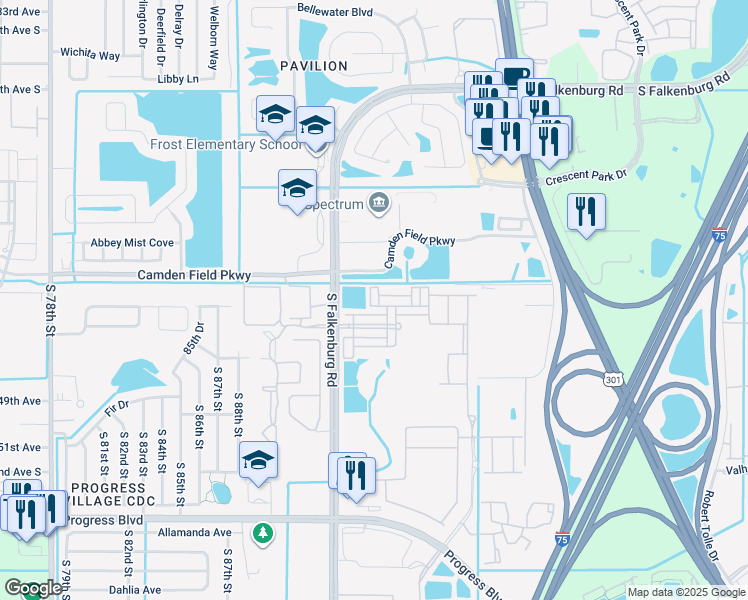 map of restaurants, bars, coffee shops, grocery stores, and more near 4413 Sweet Cinnamon Court in Riverview