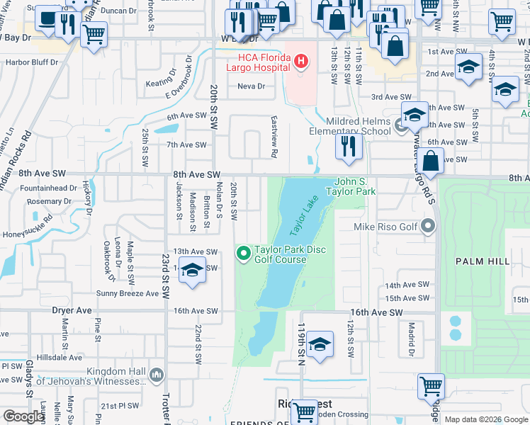 map of restaurants, bars, coffee shops, grocery stores, and more near 1010 18th Street Southwest in Largo