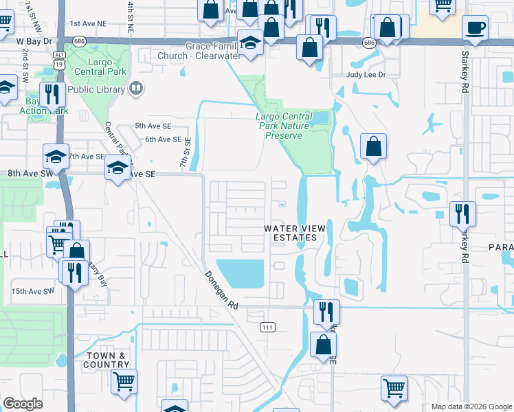 map of restaurants, bars, coffee shops, grocery stores, and more near 1071 Donegan Road in Largo