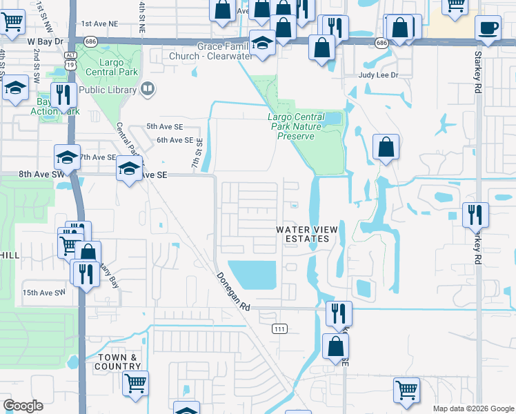 map of restaurants, bars, coffee shops, grocery stores, and more near 1071 Donegan Road in Largo