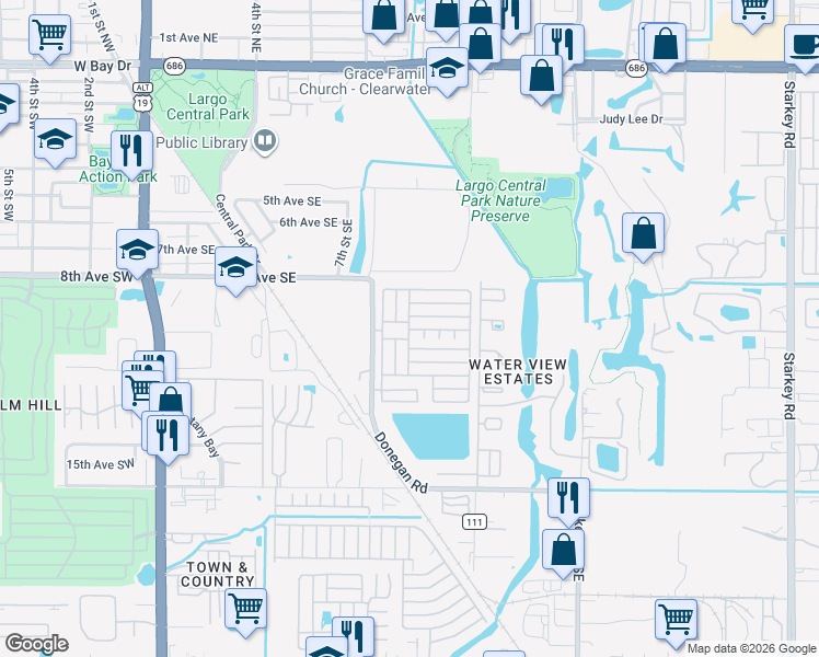 map of restaurants, bars, coffee shops, grocery stores, and more near 1071 Donegan Road in Largo