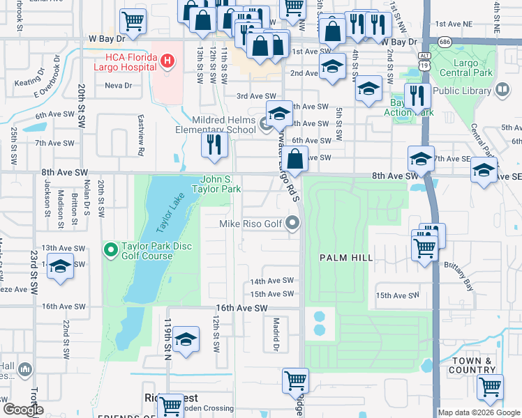 map of restaurants, bars, coffee shops, grocery stores, and more near 921 10th Avenue Southwest in Largo