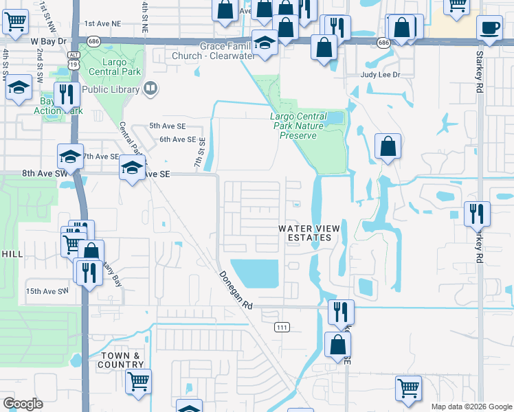 map of restaurants, bars, coffee shops, grocery stores, and more near 1071 Donegan Road in Largo