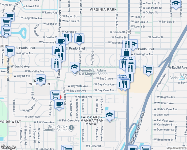 map of restaurants, bars, coffee shops, grocery stores, and more near 3904 South Clark Avenue in Tampa