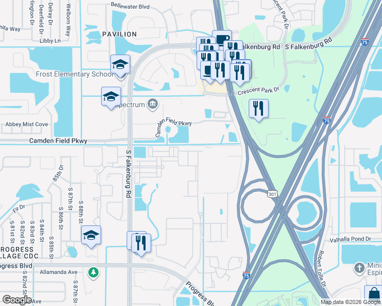 map of restaurants, bars, coffee shops, grocery stores, and more near 4504 Savannah Holly Place in Riverview