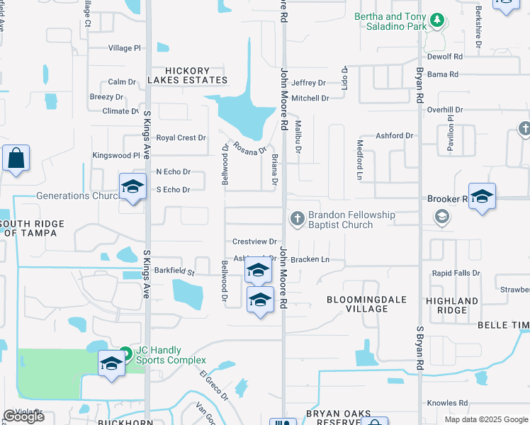 map of restaurants, bars, coffee shops, grocery stores, and more near 107 West Anglewood Drive in Brandon