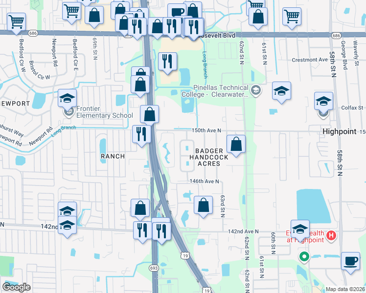 map of restaurants, bars, coffee shops, grocery stores, and more near 14893 Mockingbird Lane West in Clearwater