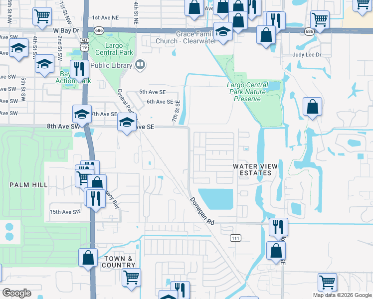 map of restaurants, bars, coffee shops, grocery stores, and more near 991 Donegan Road in Largo