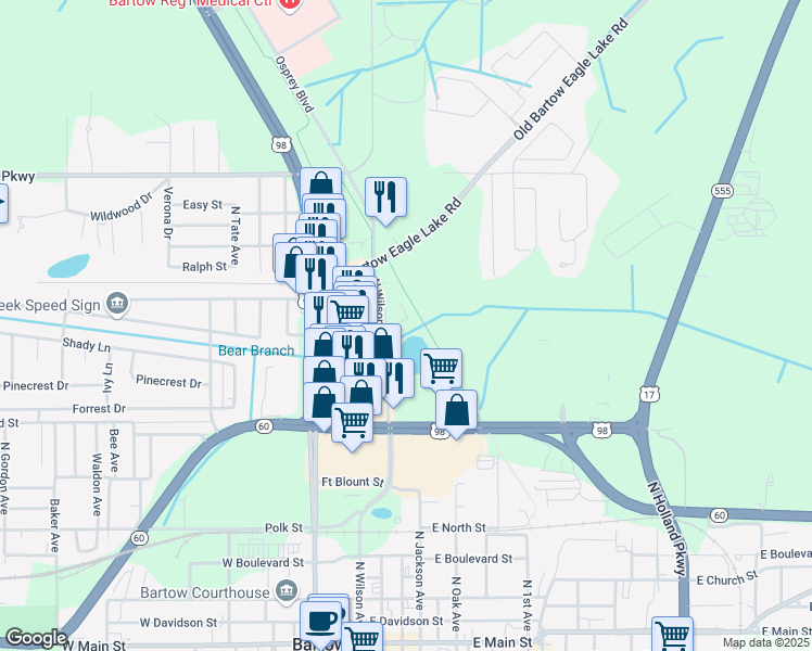 map of restaurants, bars, coffee shops, grocery stores, and more near 1330 North Wilson Avenue in Bartow