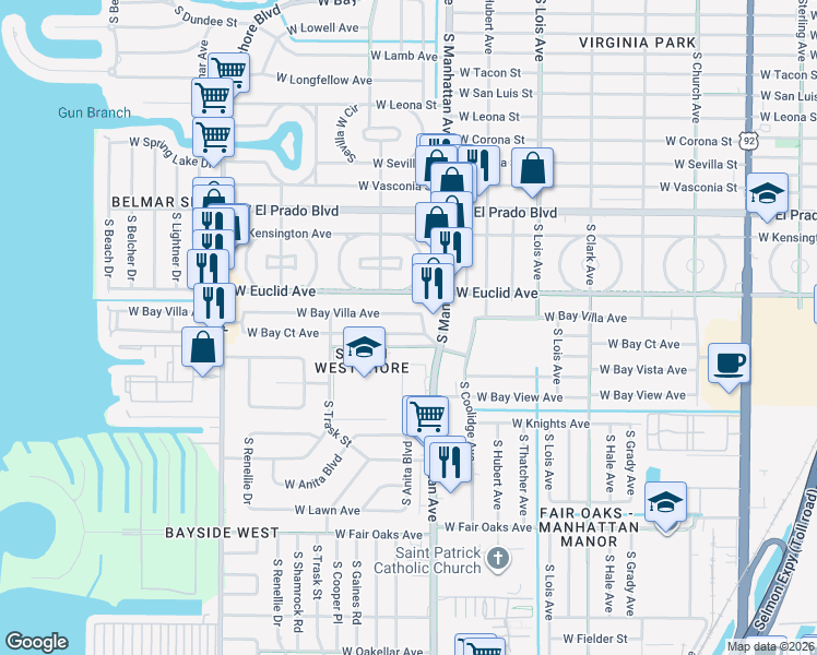 map of restaurants, bars, coffee shops, grocery stores, and more near 4415 West Bay Court Avenue in Tampa
