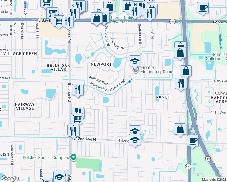 map of restaurants, bars, coffee shops, grocery stores, and more near 14957 Newport Road in Clearwater