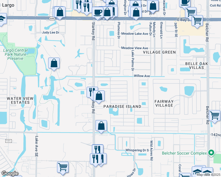 map of restaurants, bars, coffee shops, grocery stores, and more near Nassau Lane in Largo