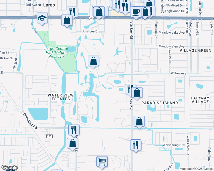 map of restaurants, bars, coffee shops, grocery stores, and more near 960 Starkey Road in Largo