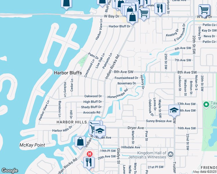 map of restaurants, bars, coffee shops, grocery stores, and more near 1061 Fountainhead Drive in Largo