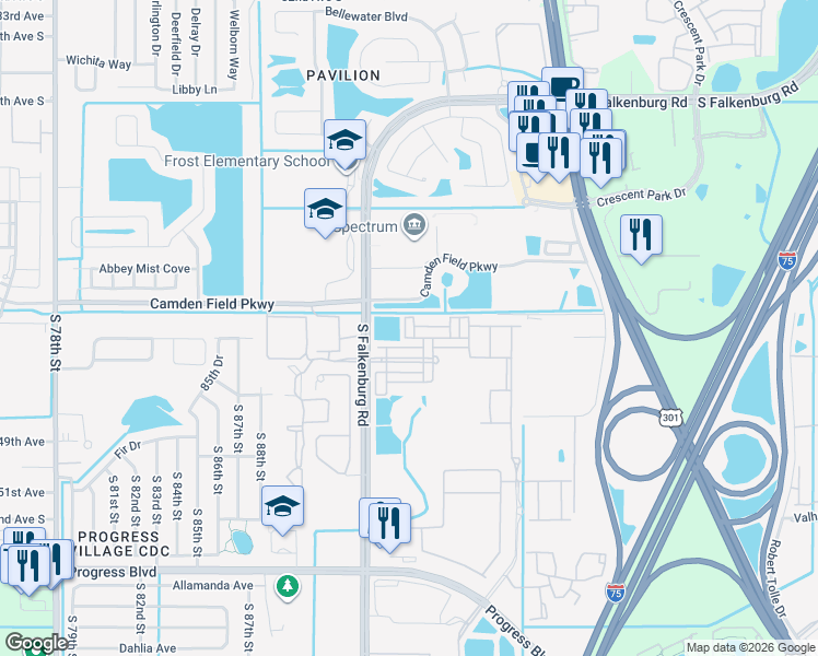 map of restaurants, bars, coffee shops, grocery stores, and more near 4413 Sweet Cinnamon Court in Riverview