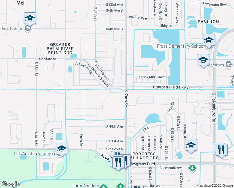 map of restaurants, bars, coffee shops, grocery stores, and more near 7655 Ginger Lily Ct in Tampa