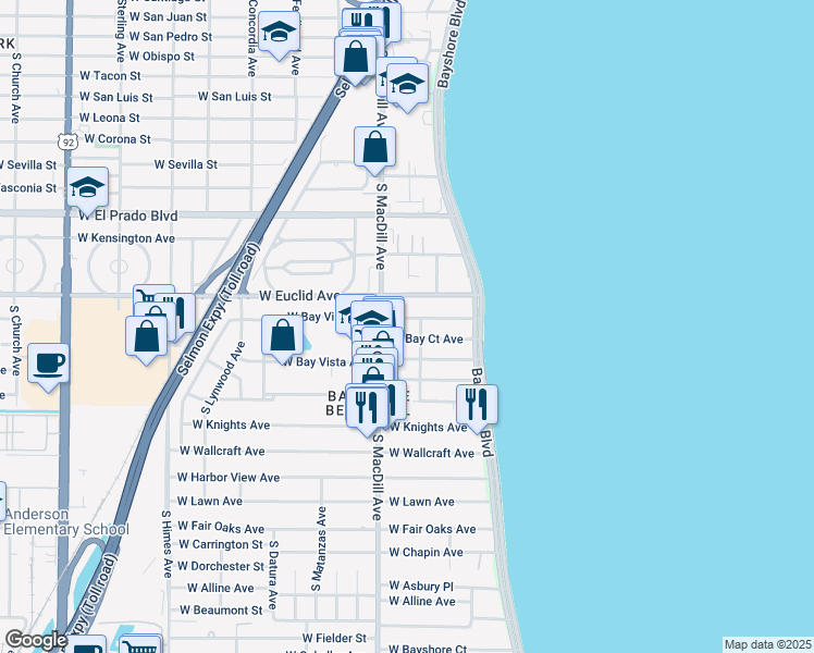 map of restaurants, bars, coffee shops, grocery stores, and more near 3003 West Bay Court Avenue in Tampa