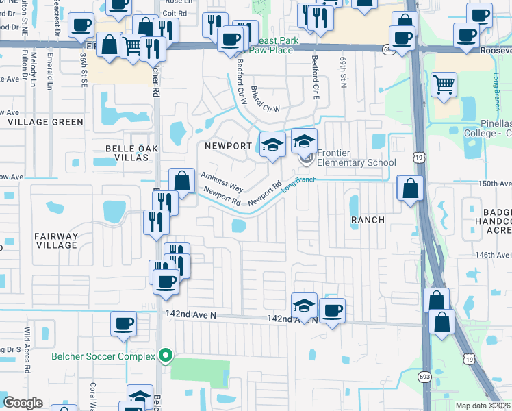 map of restaurants, bars, coffee shops, grocery stores, and more near 14957 Newport Road in Clearwater