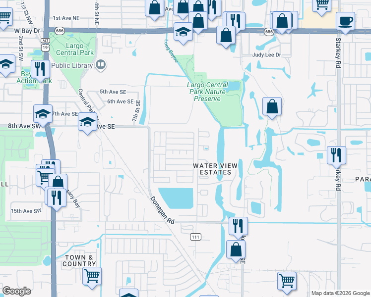 map of restaurants, bars, coffee shops, grocery stores, and more near 1071 Donegan Road in Largo