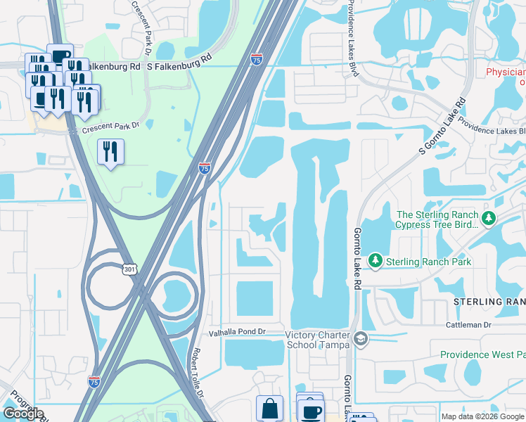 map of restaurants, bars, coffee shops, grocery stores, and more near 10173 Bessemer Pond Court in Riverview