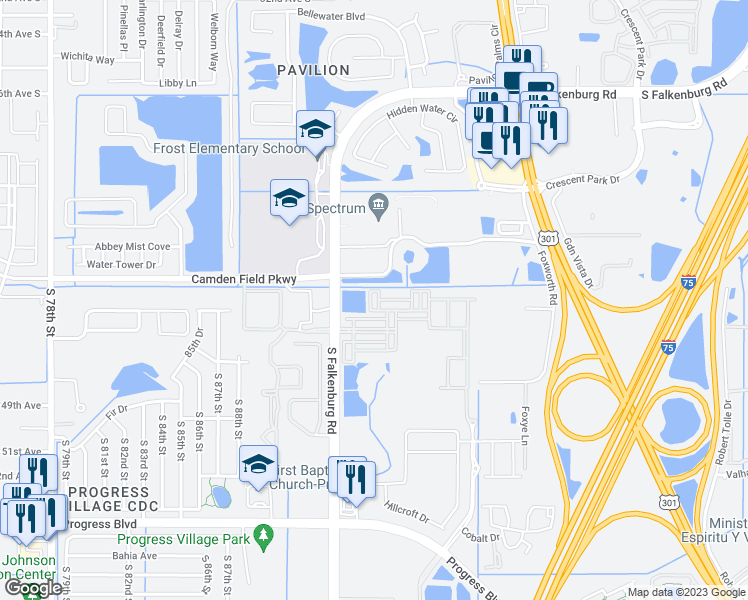 map of restaurants, bars, coffee shops, grocery stores, and more near 4413 Sweet Cinnamon Court in Riverview
