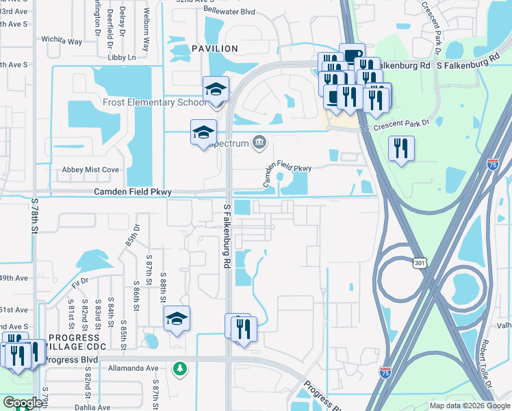 map of restaurants, bars, coffee shops, grocery stores, and more near 4413 Sweet Cinnamon Court in Riverview