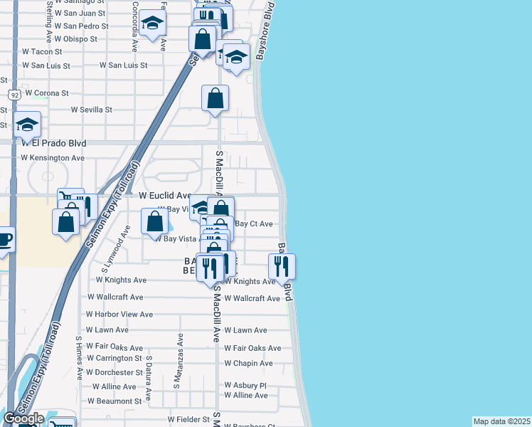 map of restaurants, bars, coffee shops, grocery stores, and more near 2906 West Bay Villa Avenue in Tampa