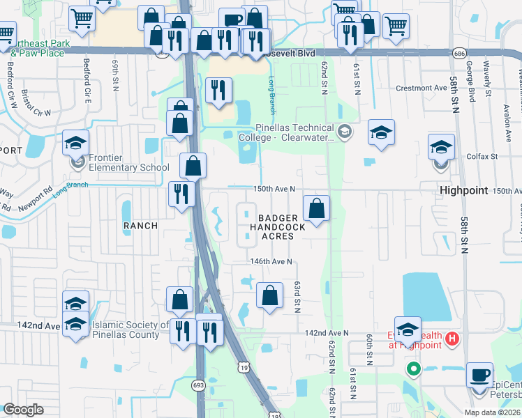 map of restaurants, bars, coffee shops, grocery stores, and more near 14860 64th Street North in Clearwater