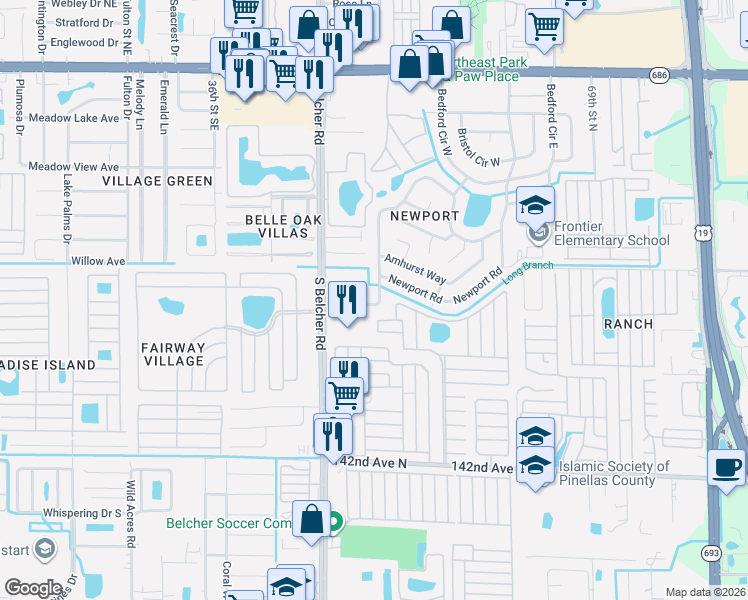 map of restaurants, bars, coffee shops, grocery stores, and more near 14876 Cromwell Drive in Clearwater