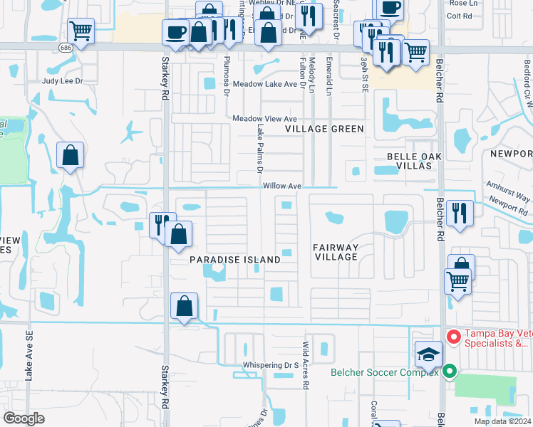 map of restaurants, bars, coffee shops, grocery stores, and more near 907 Lake Palms Drive in Largo