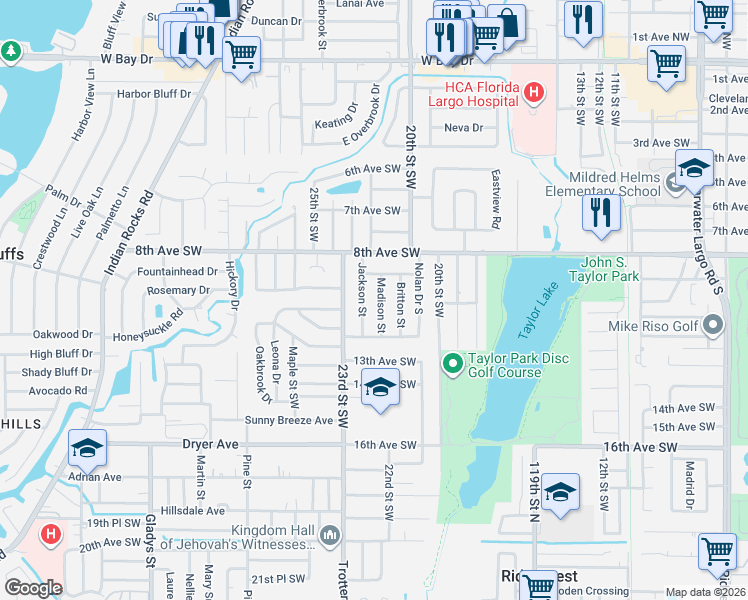 map of restaurants, bars, coffee shops, grocery stores, and more near 1040 Madison Street in Largo