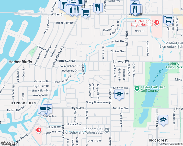map of restaurants, bars, coffee shops, grocery stores, and more near 918 Bay Breeze Terrace in Largo