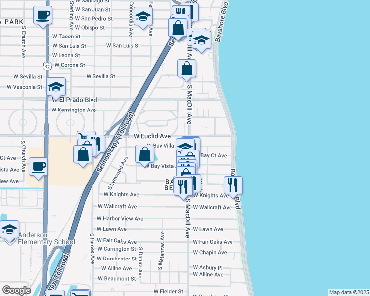 map of restaurants, bars, coffee shops, grocery stores, and more near 3104 West Bay Villa Avenue in Tampa