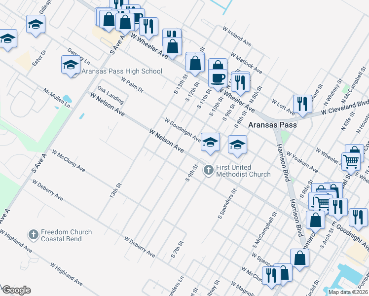 map of restaurants, bars, coffee shops, grocery stores, and more near 432 South 10th Street in Aransas Pass