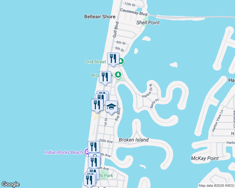 map of restaurants, bars, coffee shops, grocery stores, and more near 2601 Bay Boulevard in Indian Rocks Beach