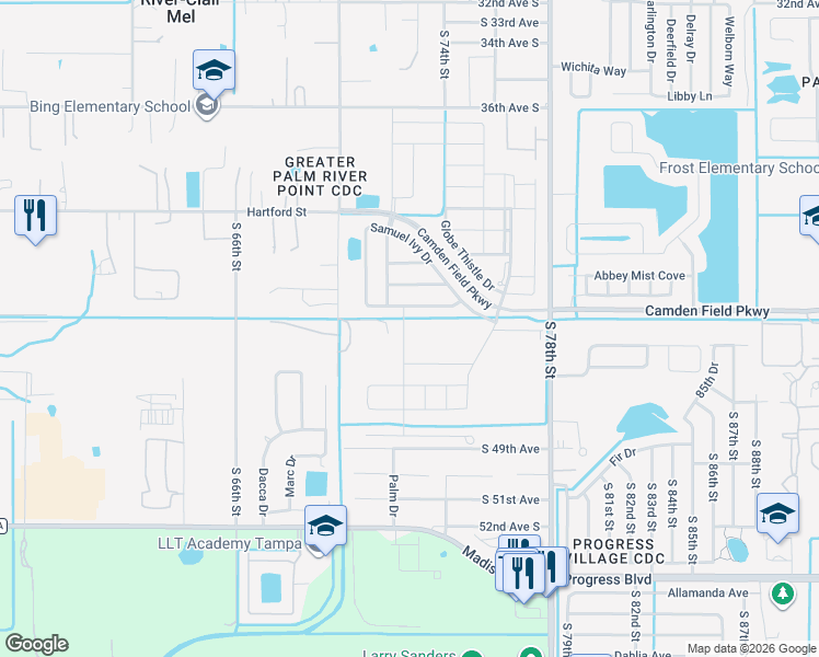 map of restaurants, bars, coffee shops, grocery stores, and more near 4400 South 70th Street in Tampa