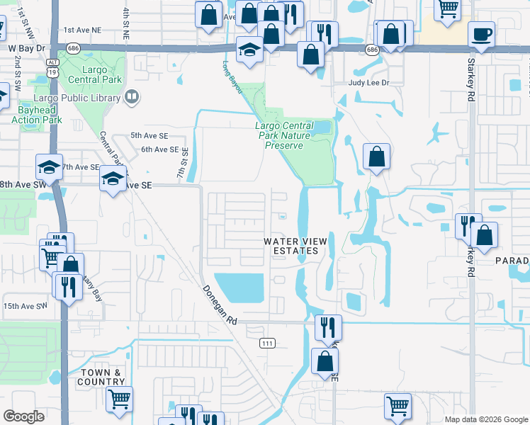 map of restaurants, bars, coffee shops, grocery stores, and more near 1026 Highland Avenue Southeast in Largo