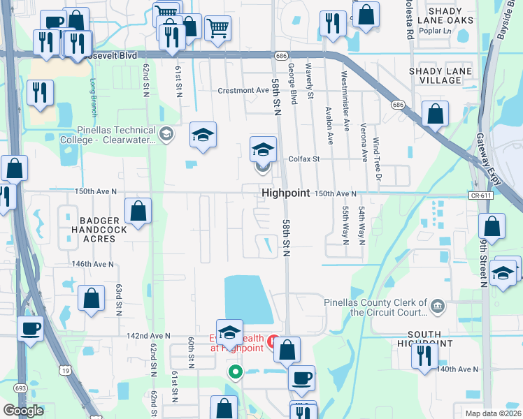 map of restaurants, bars, coffee shops, grocery stores, and more near 5860 150th Avenue North in Clearwater