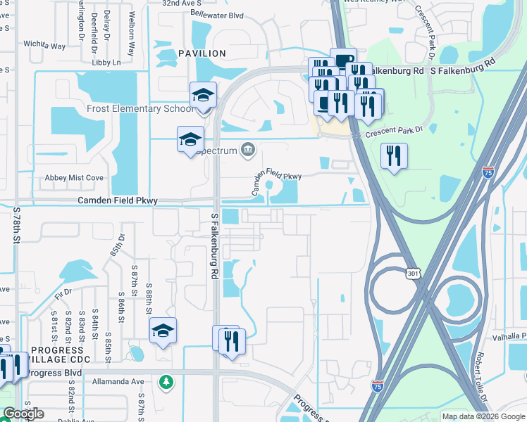 map of restaurants, bars, coffee shops, grocery stores, and more near 9116 Mountain Camellia Lane in Riverview
