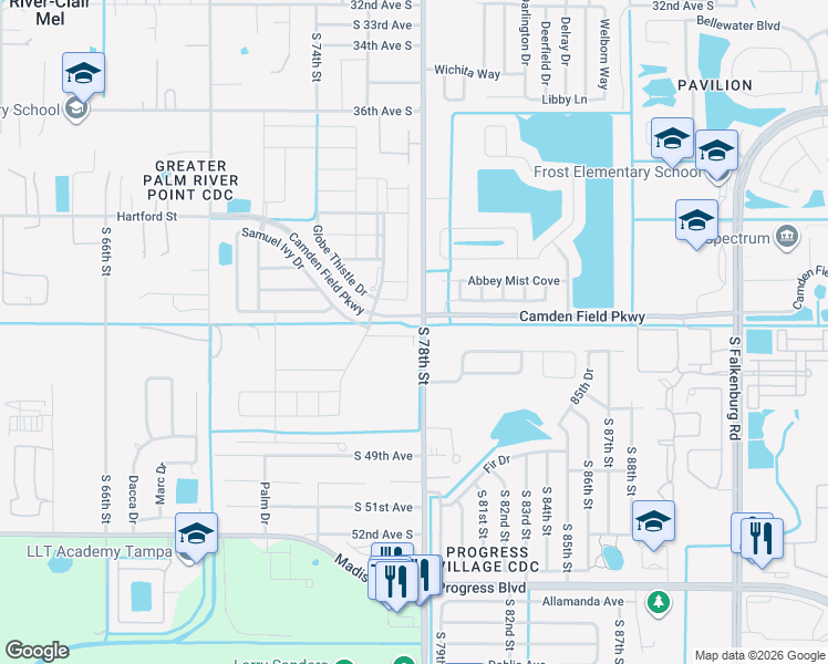 map of restaurants, bars, coffee shops, grocery stores, and more near 7655 Ginger Lily Ct in Tampa