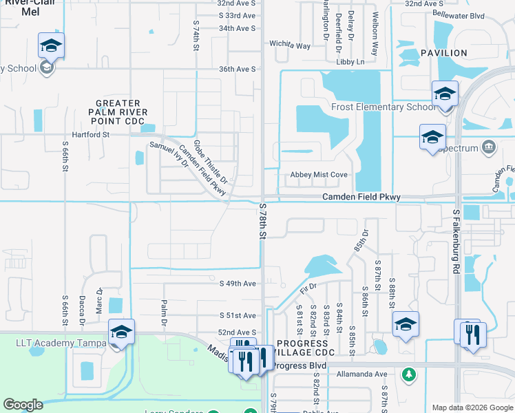 map of restaurants, bars, coffee shops, grocery stores, and more near 7655 Ginger Lily Ct in Tampa