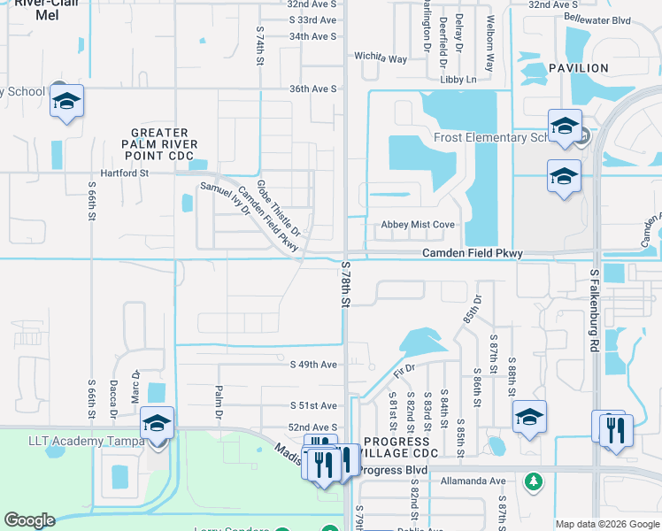 map of restaurants, bars, coffee shops, grocery stores, and more near 7655 Ginger Lily Ct in Tampa