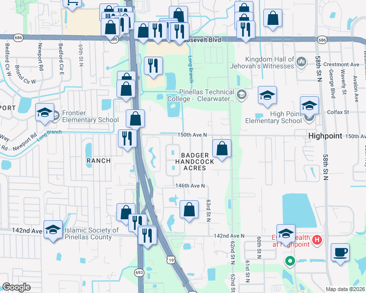 map of restaurants, bars, coffee shops, grocery stores, and more near 14860 64th Street North in Clearwater