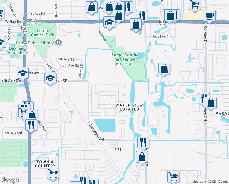 map of restaurants, bars, coffee shops, grocery stores, and more near 1026 Highland Avenue Southeast in Largo
