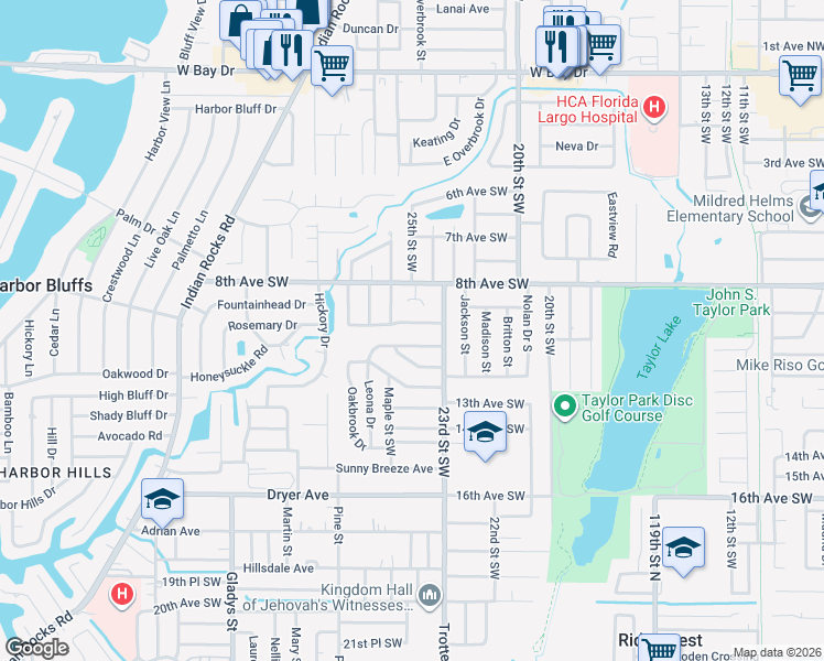 map of restaurants, bars, coffee shops, grocery stores, and more near 2569 10th Avenue Southwest in Largo